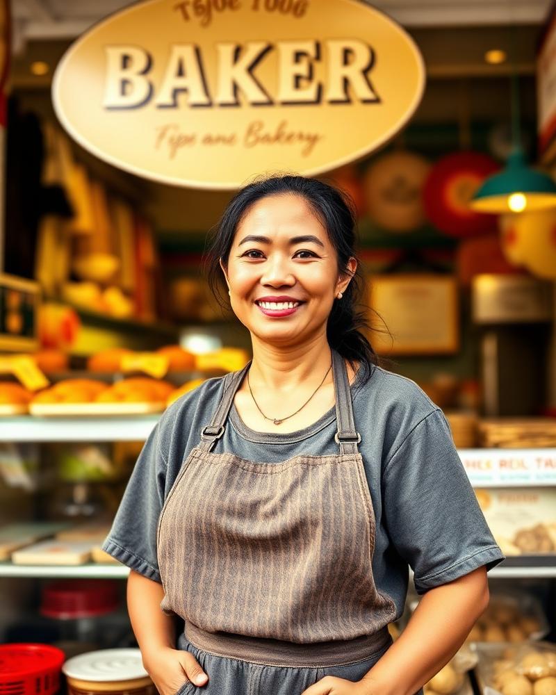 Filipino small business owner in front of her bakery